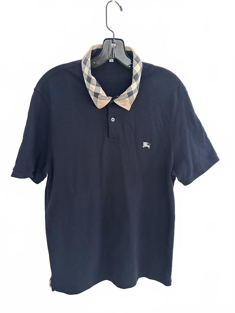 Burberry London 100% Cotton Piqué Men's Navy Polo Shirt with Check Collar - XL